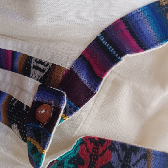 2XL Mens Guatemalan Long-Sleeve White Cotton Shirt Multicolor Striped Accent - Picture 8 of 9